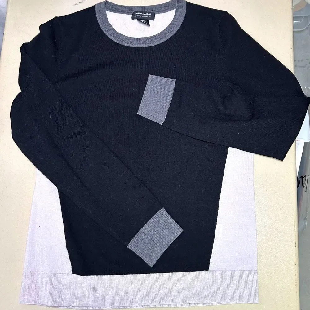 Lord & Taylor 100% Merino Wool Black White Colorblock Sweater Medium